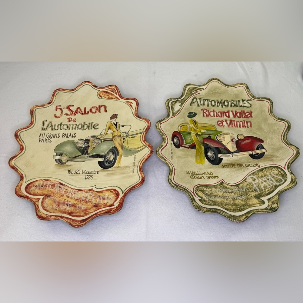 Tam San Designs Signed Hand Painted Decorative Plates 14" w/ Vtg French Autos